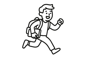 Cheerful school student running quickly with a backpack and textbook in a hurry