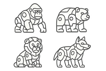 Naklejka premium Stylized geometric line art icons featuring a gorilla, bear, lion, and wolf animal collection