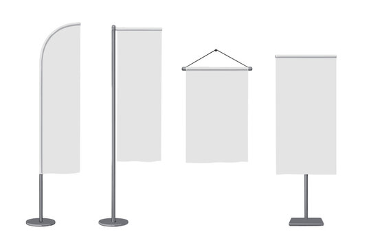 Blank white advertising flags and banners mockup set for outdoor and indoor promotion display