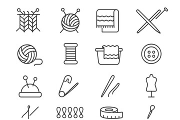 Black and white line icons of sewing, knitting, and crafting supplies assortment