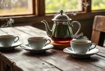 Fototapeta premium Steaming teapot and teacups on rustic wooden table, still life, composition