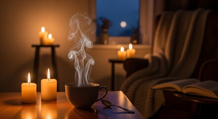 Candles and steaming cup creating a cozy atmosphere