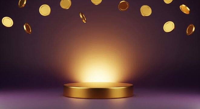 P&oacute;dio cil&iacute;ndrico dourado vazio com moedas de ouro caindo sobre fundo roxo escuro, renderiza&ccedil;&atilde;o 3D para exibi&ccedil;&atilde;o de produtos ou conceito de vencedor da loteria