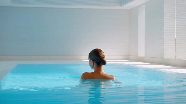 A woman with tied hair relaxes quietly in calm turquoise pool water, slowly turning her head toward soft light coming from window, creating peaceful minimal indoor spa atmosphere