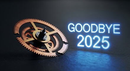 A gear with goodbye twenty twenty five glowing in blue