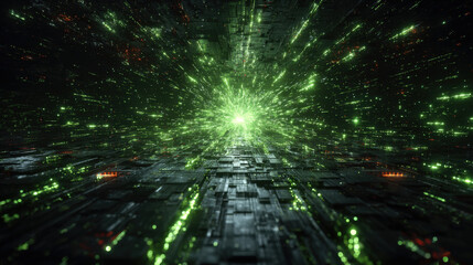 futuristic digital tunnel or data stream, featuring luminous green light trails. Symbolizes fast global communication, big data flow, quantum computing, and advanced network technology.