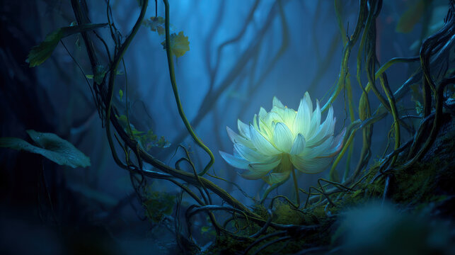 brilliantly glowing white-yellow lotus or water lily bloom nestled among dark, twisted roots and jungle vines, illuminated by a deep blue, foggy light. Mystical, nature, and magic background.
