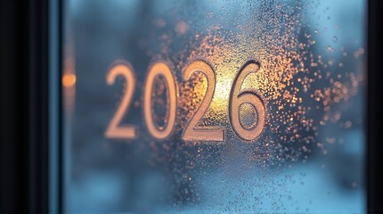 Anticipate the New Year 2026 shining through a frosty window, a symbol of fresh starts and the promise of a bright future, hope for new beginnings