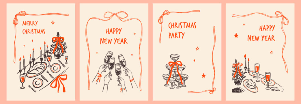 Happy New Year and Marry Christmas celebration wine and cocktail party invitations set. Whimsical hand drawn coquette bachelorette, wedding, girly birthday posters, greeting cards. Champagne pyramid - Powered by Adobe