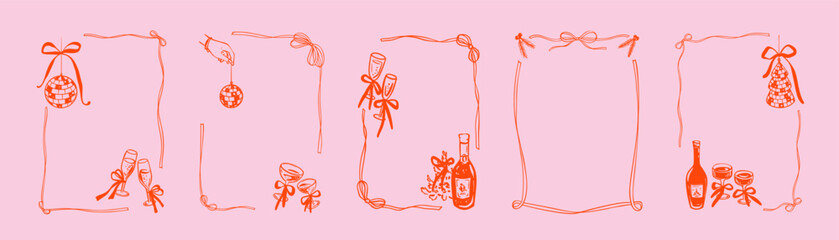Obraz na płótnie Canvas Set of red and pink coquette Merry Christmas and Happy New Year bow ribbon frames. Bachelorette disco party. Cute disco ball with a bow. Girly xmas hand drawn doodle invitation. Champagne glass