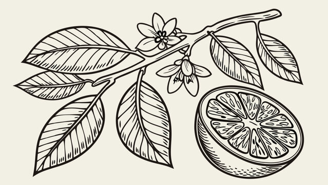 Vintage Engraved Citrus Fruit Branch with Blossoms and Leaves. Hand Drawn Lemon or Lime Botanical Illustration for Natural Food and Drink Branding.