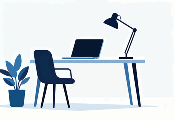 Fototapeta premium A minimalist illustration of a workspace featuring a laptop, desk, lamp, chair, and a potted plant in blue hues