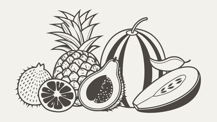 Fresh Exotic Tropical Fruits Black and White Line Art Illustration for Healthy Eating, Summer Recipes, Food Blog Design, Natural Produce Packaging