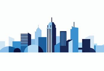 Fototapeta premium A graphic, flat vector illustration of a city skyline using geometric shapes in varying shades of blue