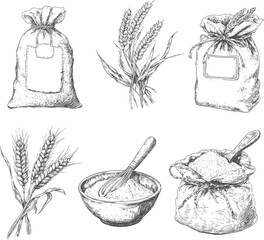 Hand-Drawn Wheat and Flour Sketch Vector Set | Vintage Engraving Style Grain, Sack, Bowl Illustration for Bakery, Farm & Organic Food Design