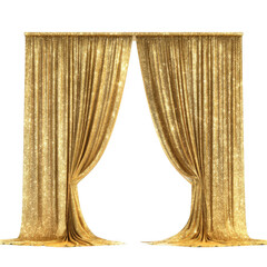 Opulent gold sequin curtains drawn open revealing a dark stage background