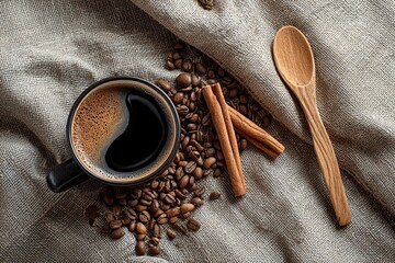 Black Coffee in Mug with Coffee Beans and Cinnamon Sticks on Linen Cloth
