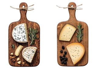 A Delightful Cheese Platter Featuring Various Cheeses with Herbs and Nuts on Rustic Wooden Cutting Boards Against a Black Background