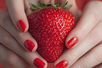 Red Strawberry Held by Hands with Red Nail Polish on Fingertips