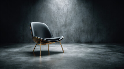 Modern black and gold chair in dark, empty room under spotlight. minimalist furniture concept conveying solitude and quiet contemplation