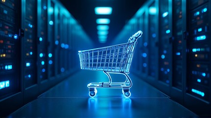 Futuristic shopping cart in a server room hints at secure online shopping and technology-driven retail solutions for modern e-commerce businesses