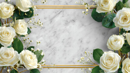 Elegant romantic white rose flower and gold frame on marble background. Blank wedding invitation with gentle feeling and copy space for design