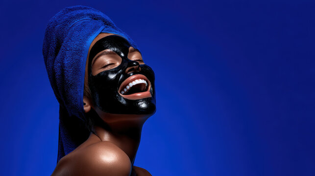 Happy joyful woman with black face mask enjoying beauty skincare treatment. laughing female model with blue towel on blue background - Powered by Adobe