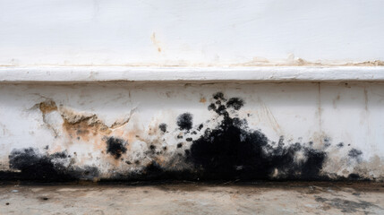 Unhealthy black mold and fungus on damp white wall with peeling paint. close up of water damage problem, mildew stain, and decay