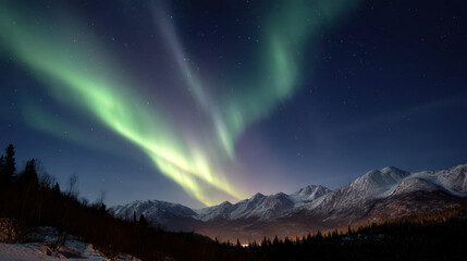 Majestic green aurora borealis, or northern light, illuminates night sky over snowy mountain range in vast arctic winter landscape