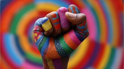 A clenched fist painted with vibrant rainbow colors against a swirling background