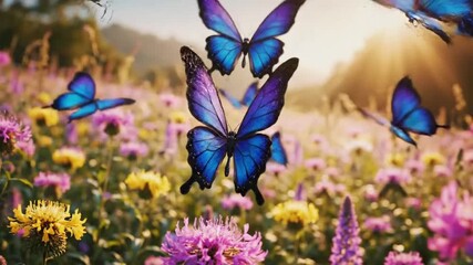 Blue butterflies in a sunlit meadow