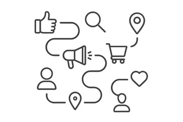 Digital marketing customer journey map connecting icons for search, promotion, purchase, and engagement