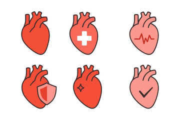 Set of vibrant human heart icons, symbolizing medical care, health protection, vitality, and well-being. Ideal graphic elements for healthcare, anatomy, and wellness design projects