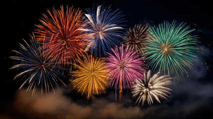 Fototapeta premium Spectacular colorful firework display light up dark night sky. joyful celebration with beautiful festive burst and explosion of light