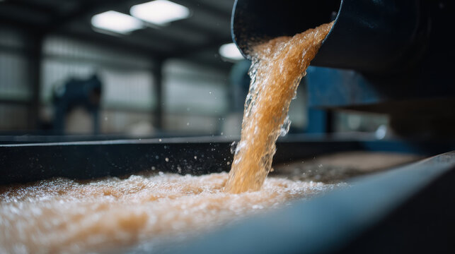 Industrial manufacturing process with recycled pulp fiber pouring from machine. Close up of production inside paper factory industry