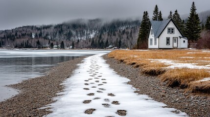 Serene Winter Landscape with Snowy Footprints Leading to Cozy Cabin Nestled in Majestic Mountains