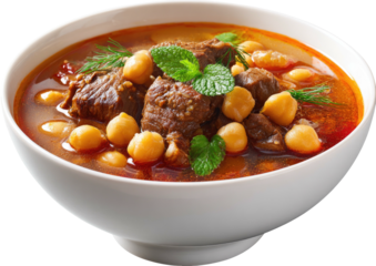 Stew in a bowl, garnished with chickpeas and mint sprigs