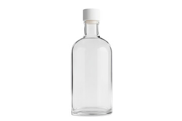 Transparent Glass Bottle with Minimalist Design and White Cap on a Black Background, Ideal for Beverage Storage or Decorative Display