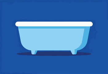 Naklejka premium A light blue stylized bathtub with white rim sits on a dark blue shadow, against a textured blue backdrop