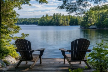 Fototapeta premium The serene lake, nestled amidst the verdant forest, invites one to sit on the wooden dock and lose themselves in the tranquil beauty of nature.