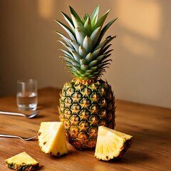 Whole pineapple with fresh slices on a wooden kitchen table