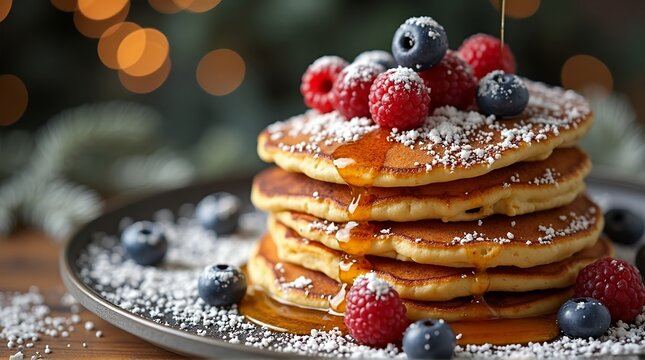 Indulge in fluffy pancakes drizzled with golden syrup, topped with fresh berries and powdered sugar for a sweet and delicious treat any time