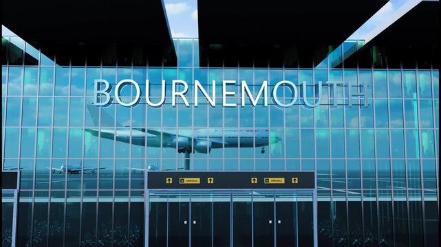 Airlane landing at Bournemouth. Arrival in the city with reflection of airport and aircraft