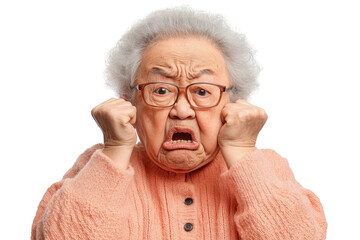 An Elderly Woman Expressing Strong Emotions of Anger or Frustration with a Facial Expression Full of Surprise and Distress in a Studio Setting
