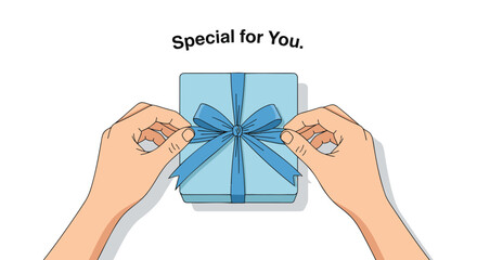 Hands tying a blue ribbon on a light blue gift box with the words special for you above