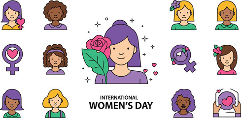 Diverse women celebrating international women s day with flowers and symbols