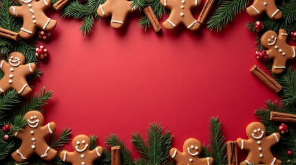 Festive gingerbread men and evergreen branches create a joyful Christmas border on a vibrant red backdrop evoking holiday cheer and warmth for seasonal designs