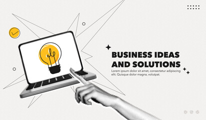 Trendy Halftone Collage Business ideas and solutions. Computer Laptop with Hand and Lightbulb. Startup idea. Investment tips. Creative poster with promotion text. Contemporary vector illustration art