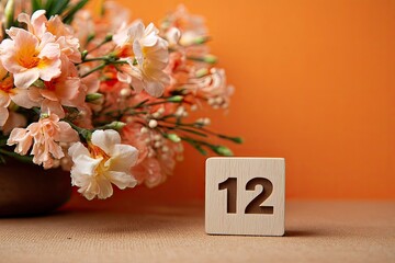 Pink Peach and Cream Flower Bouquet with Wooden Number Twelve Block on Wooden Surface