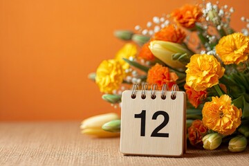 Colorful Flower Arrangement with Calendar Displaying Twelve for Floral Event or Date Celebration